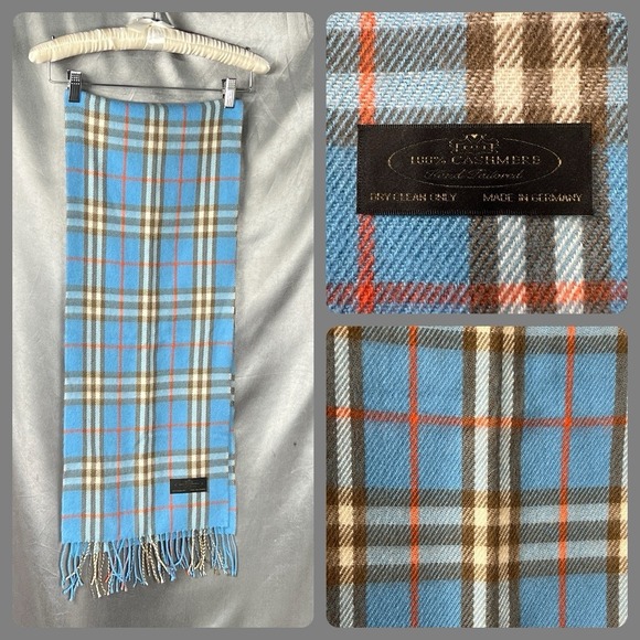 The Unbranded Brand Accessories - Hand Tailored 100% Cashmere Fringe Scarf Tartan Blue/ Brown / Orange Germany VTG